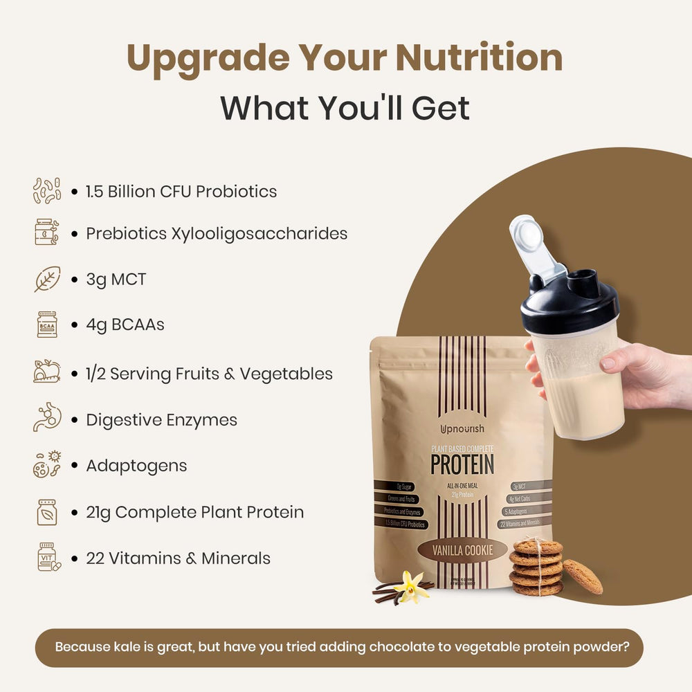 UpNourish label closeup showcases probiotic formula and allergen-free recipe.