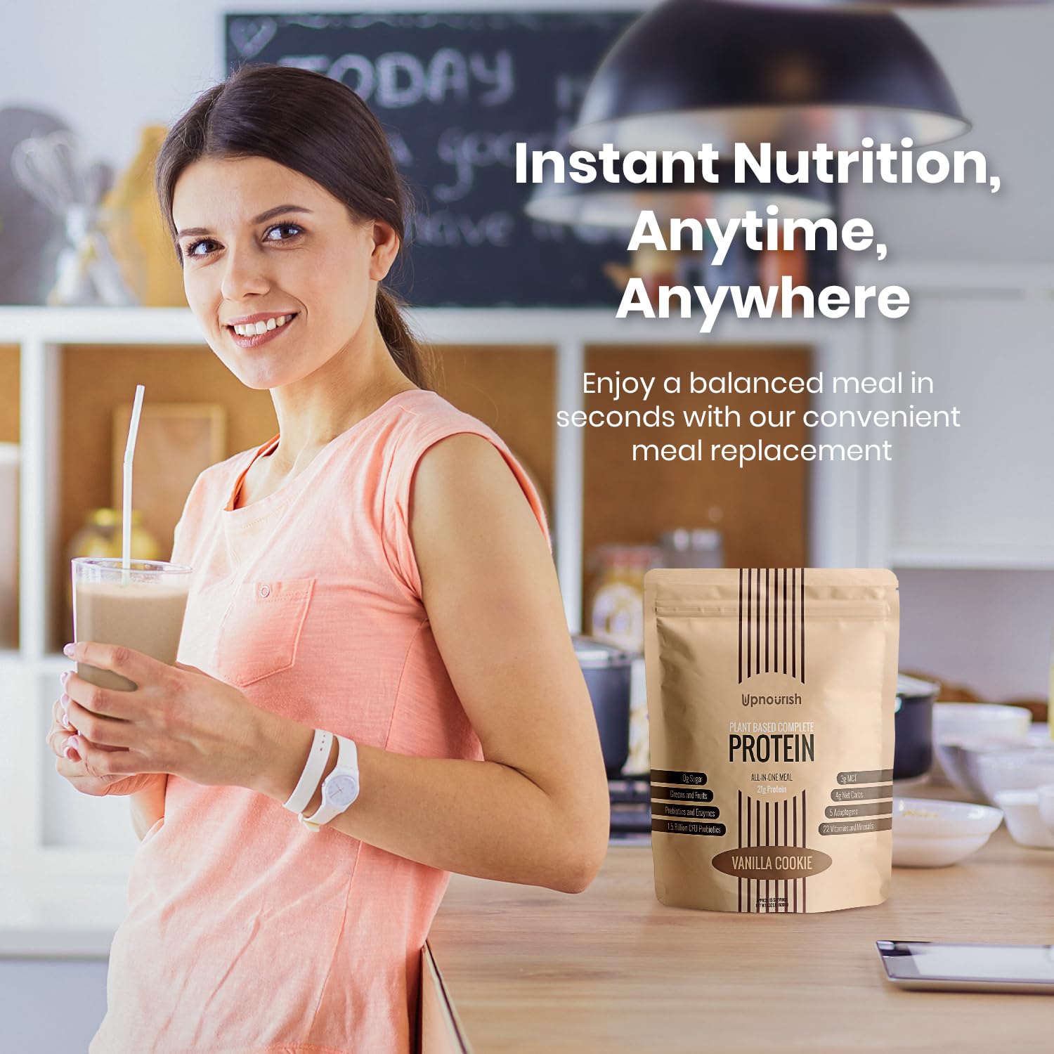 UpNourish probiotic-rich shake visualization emphasizes gut-friendly plant-based nutrition.