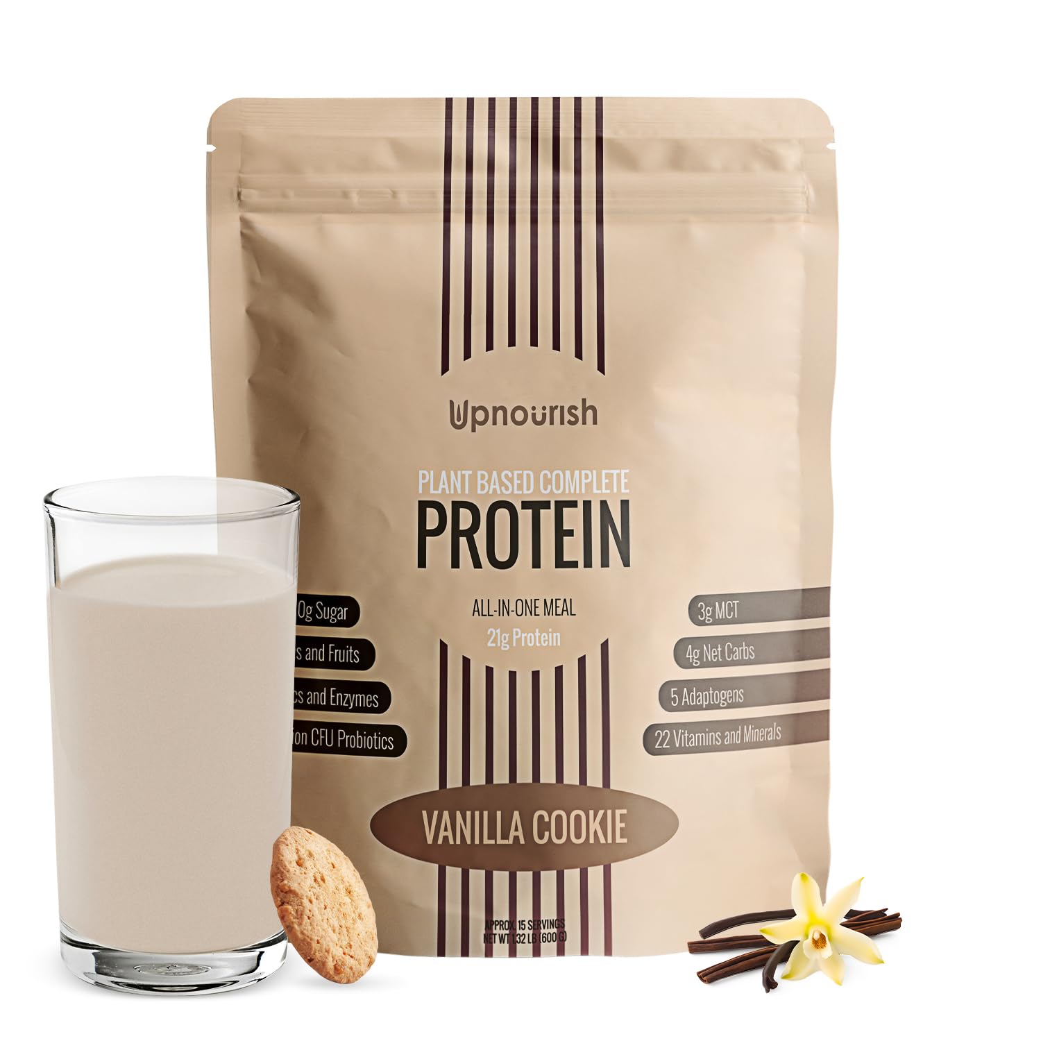 UpNourish Vanilla Cookie Protein Powder tub label shows clean, dairy-free ingredients.