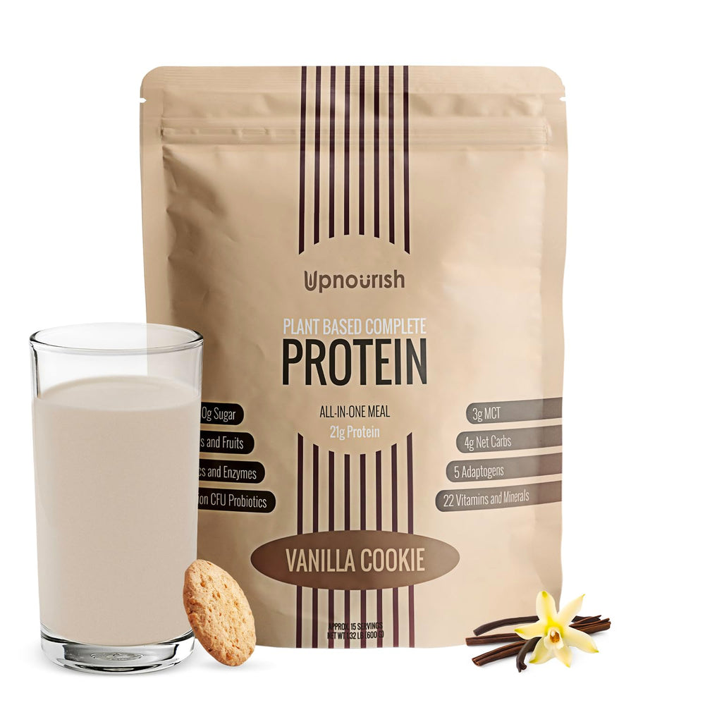 UpNourish Vanilla Cookie Protein Powder tub label shows clean, dairy-free ingredients.