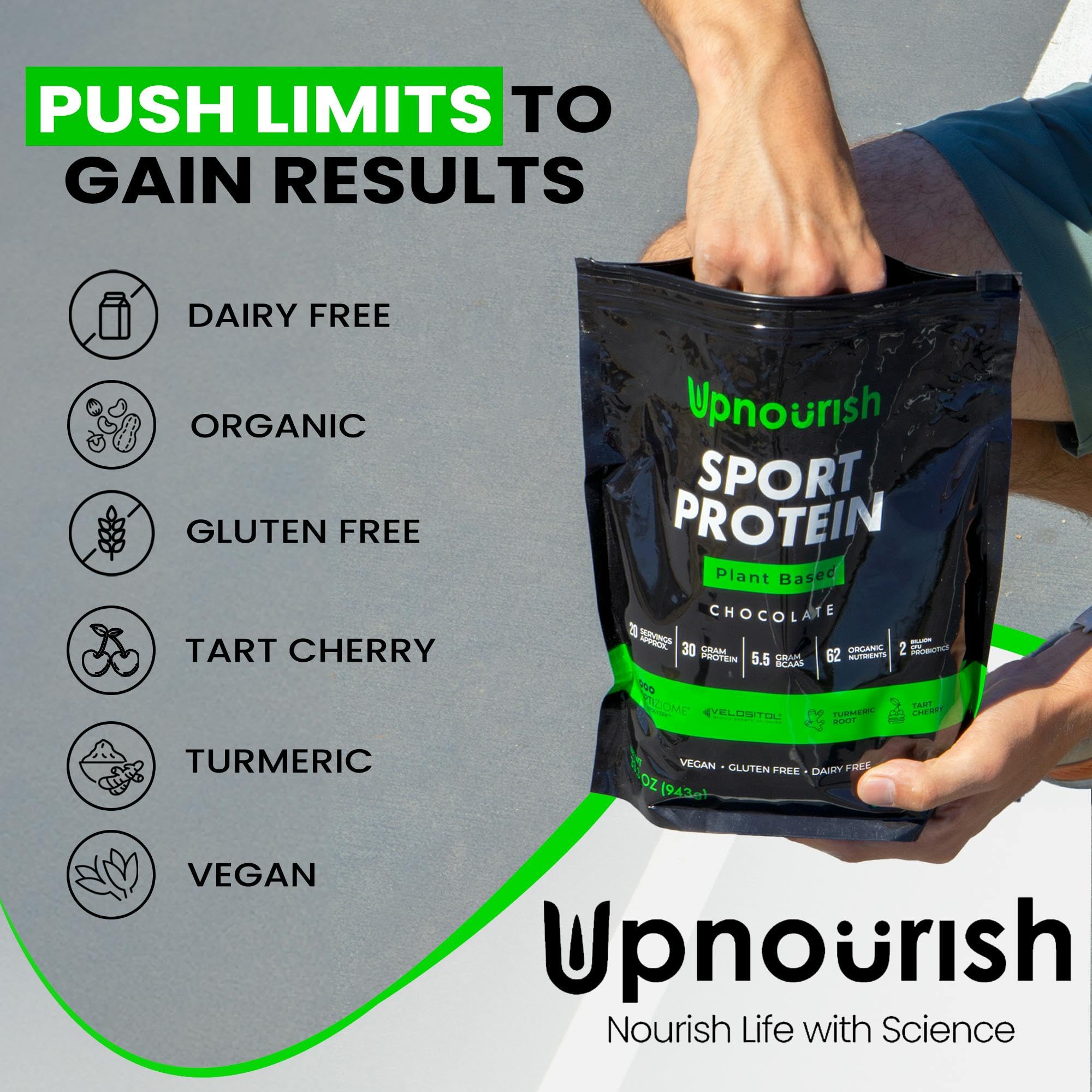 UpNourish vegan sport protein chocolate probiotics-visual: 2b CFU probiotics for gut-friendly nutrition.