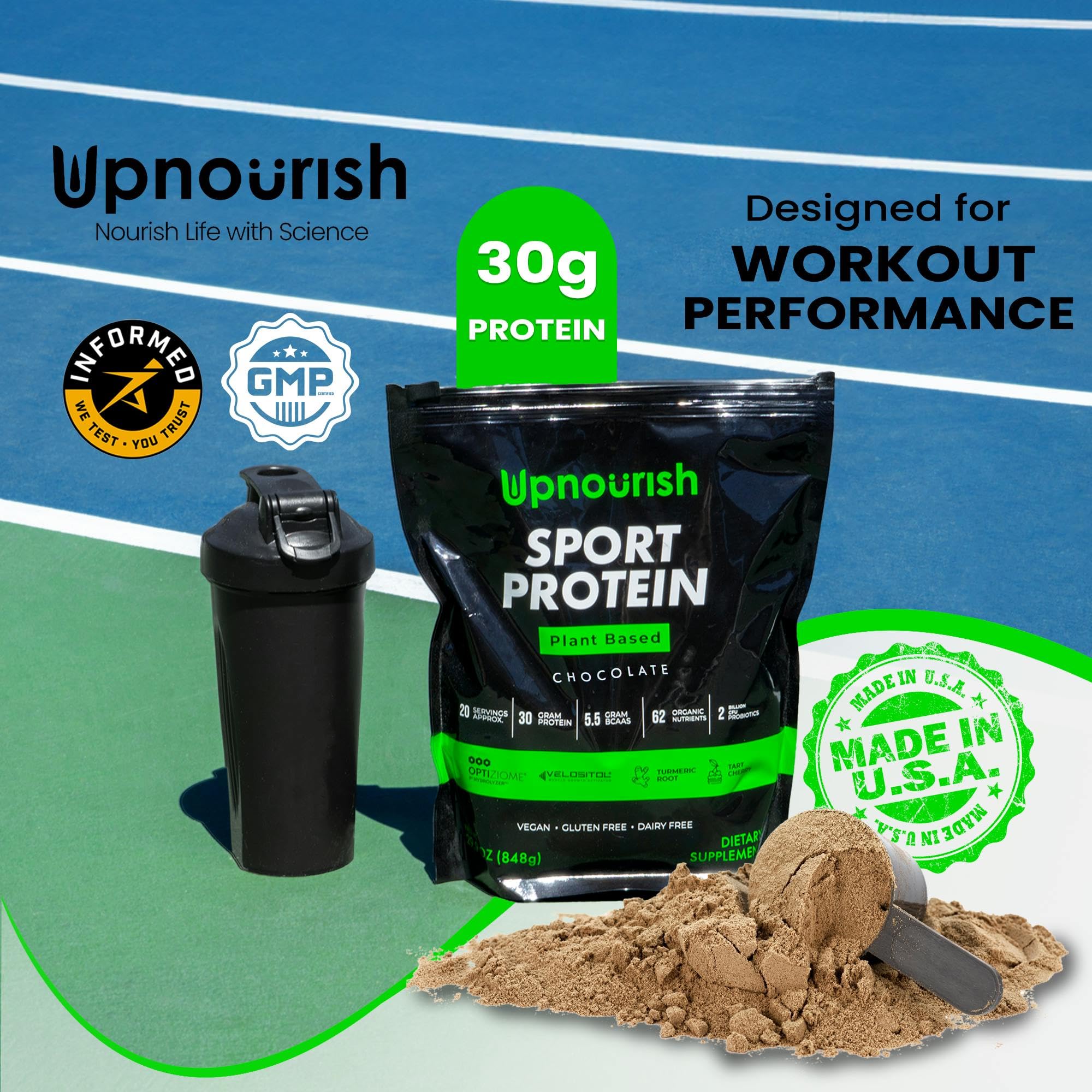 UpNourish vegan sport protein chocolate scoop: convenient serving for quick mix.