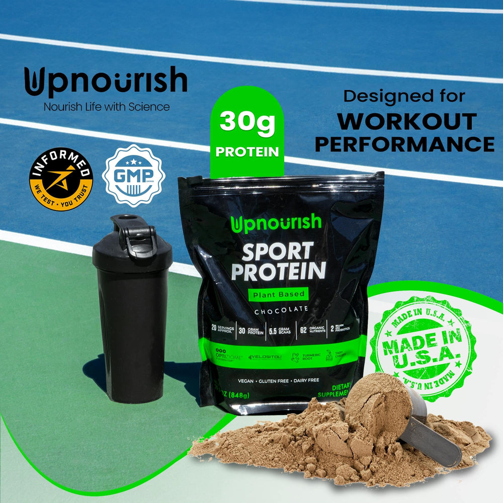 UpNourish vegan sport protein chocolate scoop: convenient serving for quick mix.
