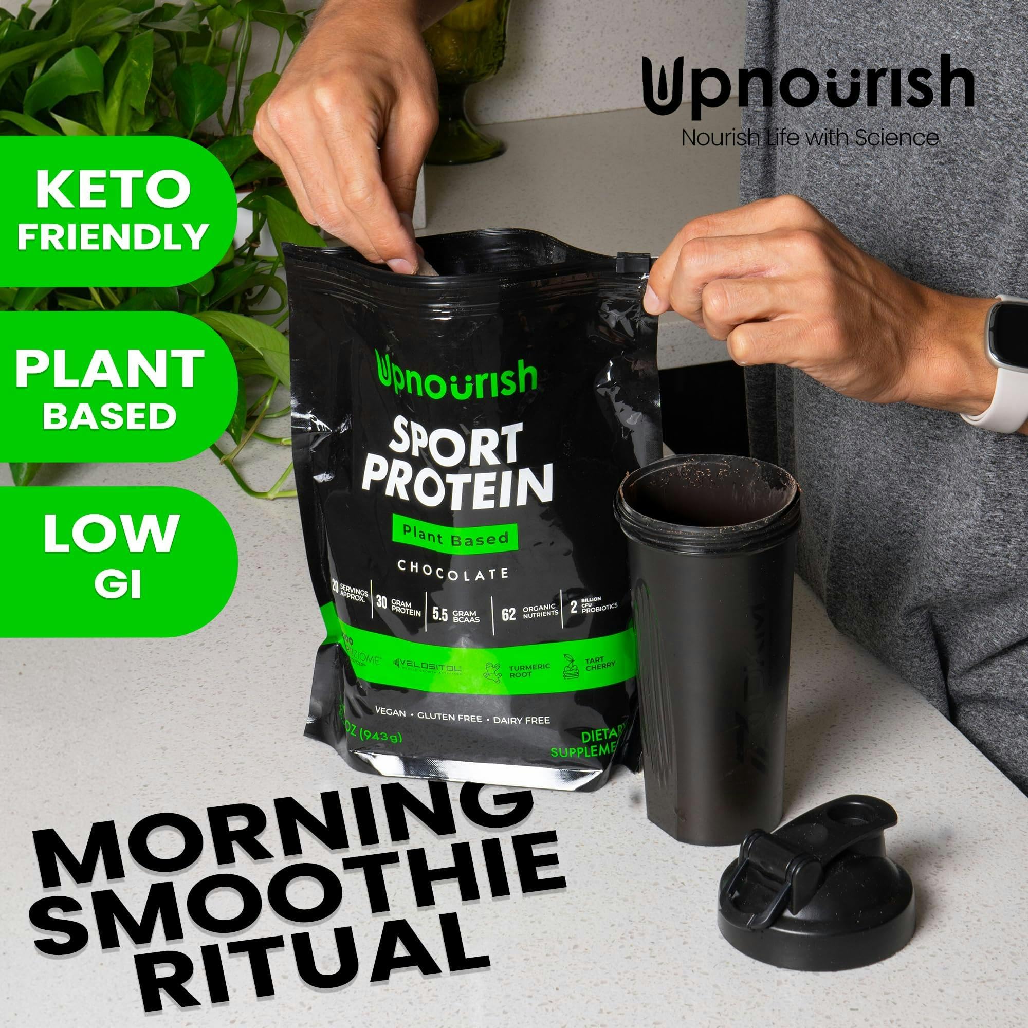 UpNourish vegan sport protein chocolate velositol: emphasized recovery and strength support.