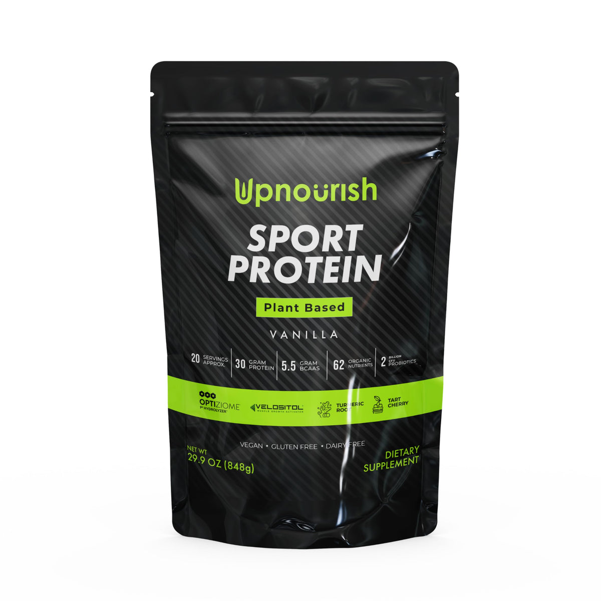 UpNourish vegan sport protein vanilla bottle pour for a smooth post-workout shake