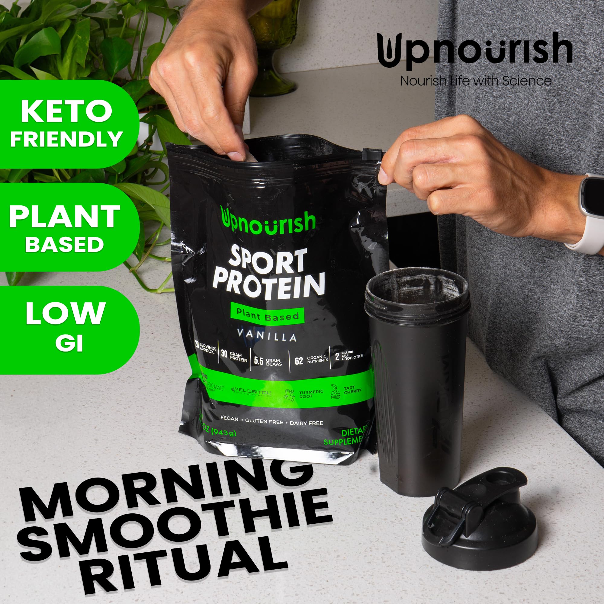 UpNourish vanilla protein with OPTIZIME P3 enzyme blend close-up on packaging