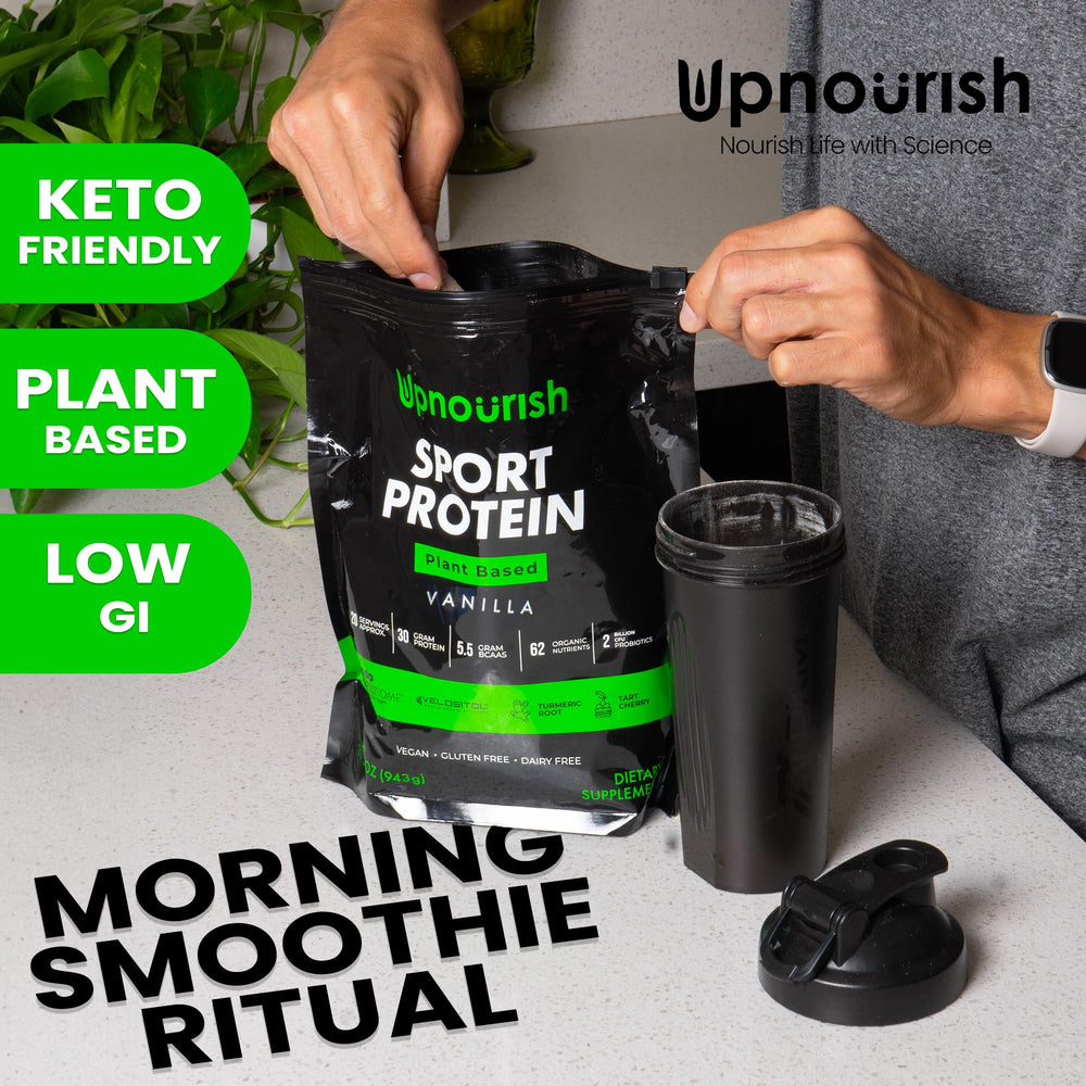 UpNourish vanilla protein with OPTIZIME P3 enzyme blend close-up on packaging