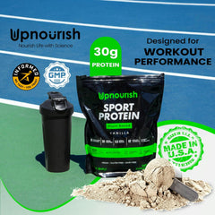 UpNourish vegan sport protein vanilla scoop blending into a cold beverage for recovery