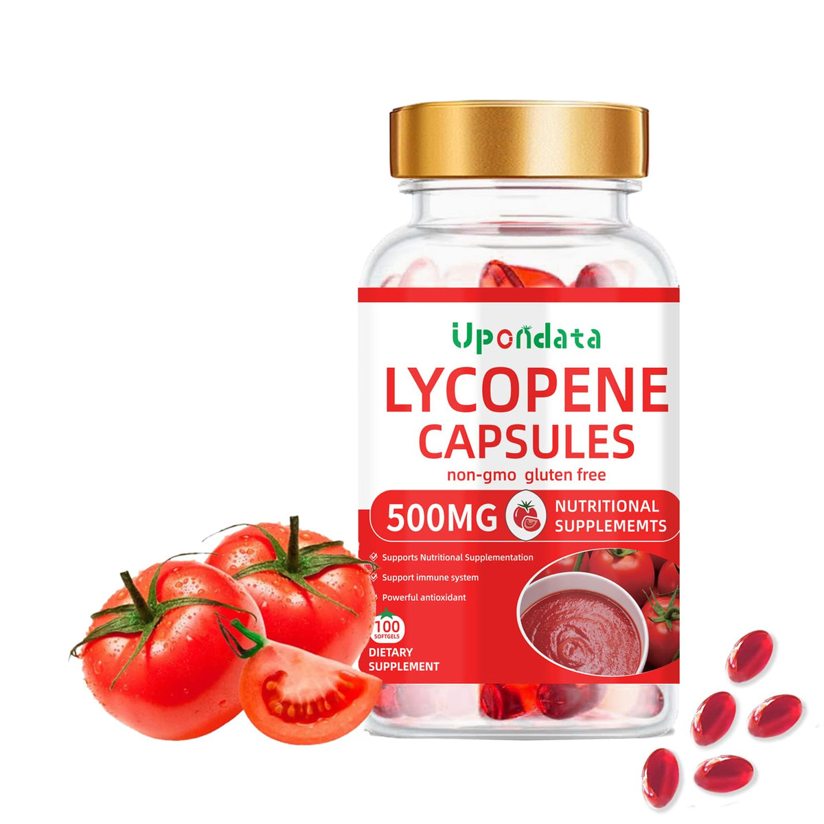 Upondata Lycopene bottle front showing 500 mg tomato extract for daily wellness