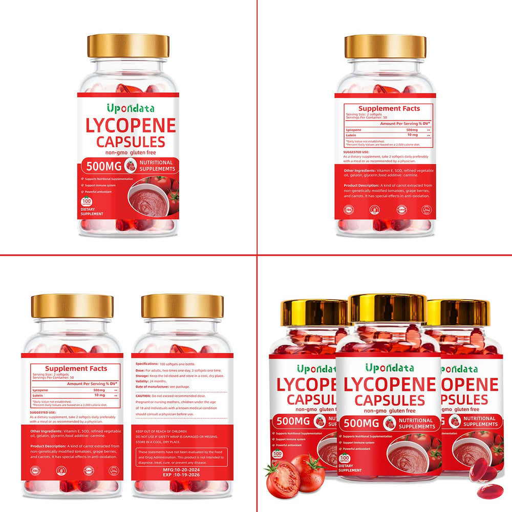 Upondata Lycopene bottle with dosage graphic illustrating daily use