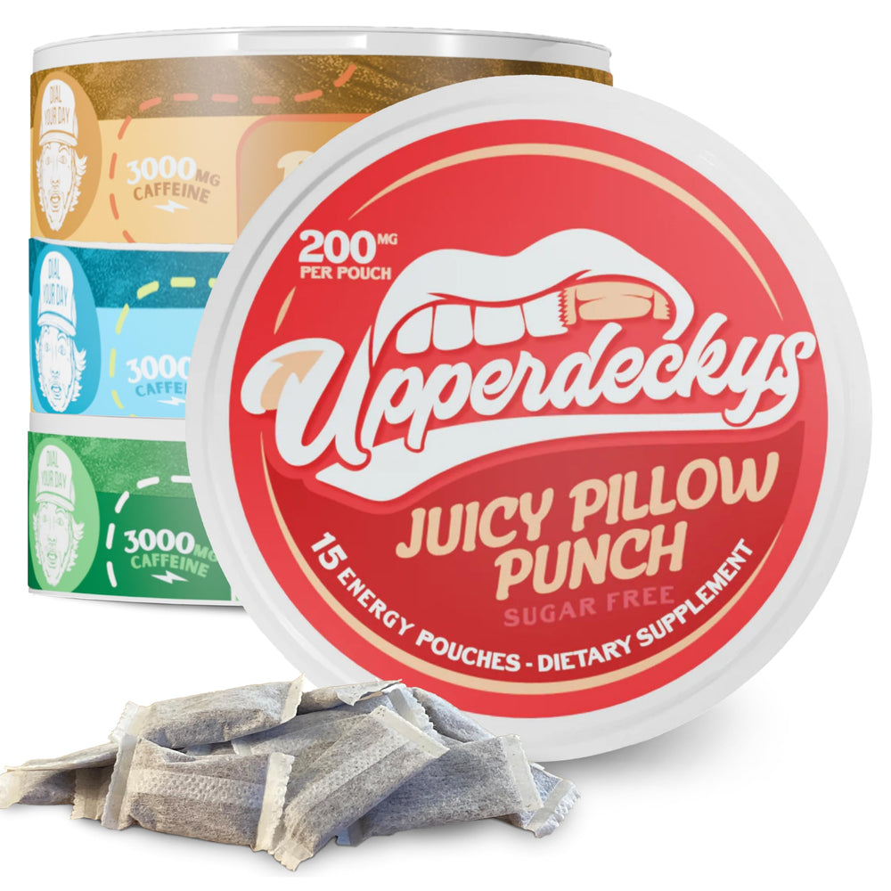 Upperdeckys caffeine pouches four flavors packshot showing sugar-free energy on the go.