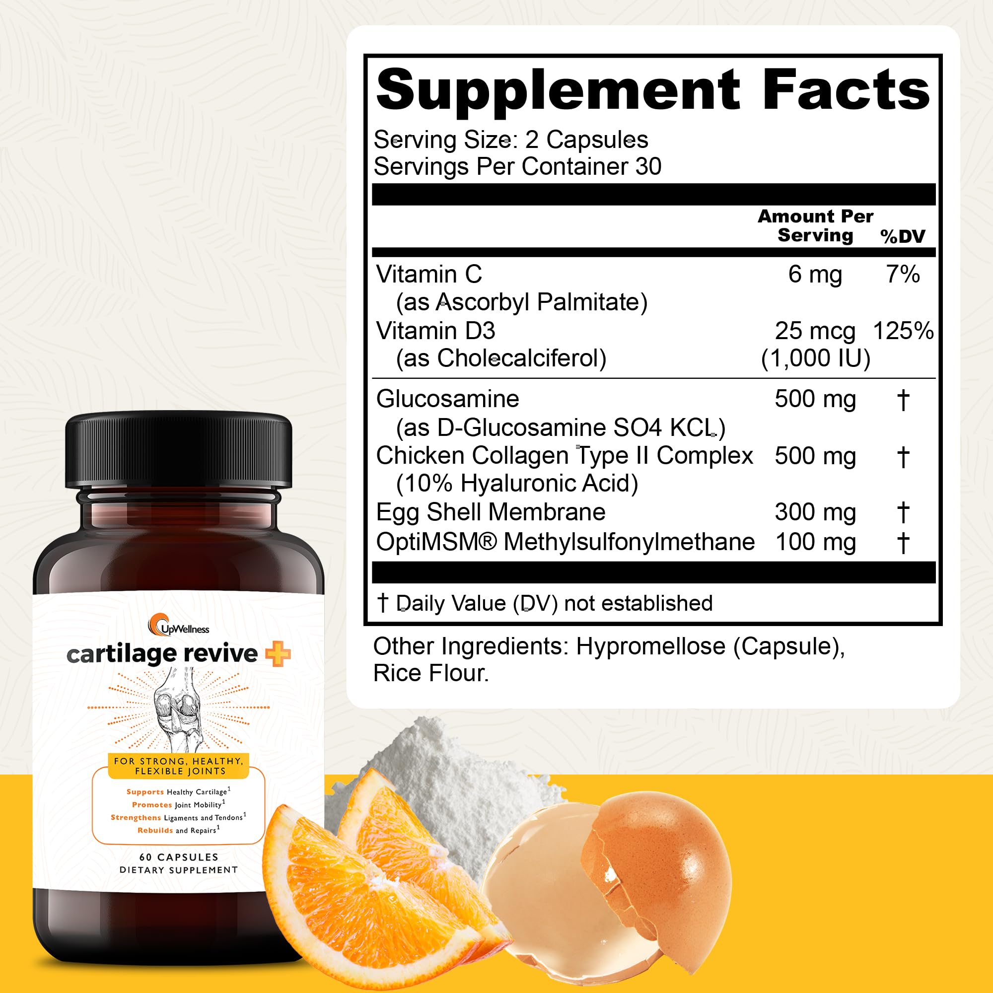UpWellness Cartilage Revive capsules closeup highlighting quality collagen and minerals for joints