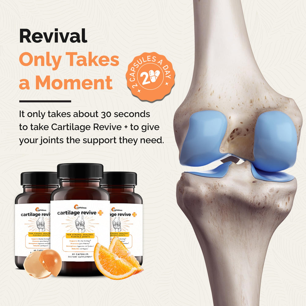 UpWellness Cartilage Revive packaging flatlay emphasizes a monthly supply
