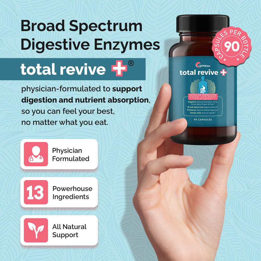 UpWellness Total Revive+ capsules arranged for easy meal-time use supporting digestion