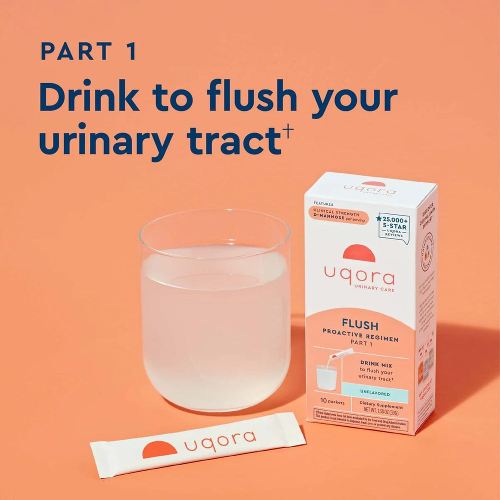 Uqora Flush bottle with vitamins C and B6 and minerals, indicating nutritional support.