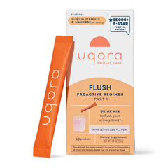 Uqora Flush pink lemonade packet closeup showing flavor and potential urinary health support