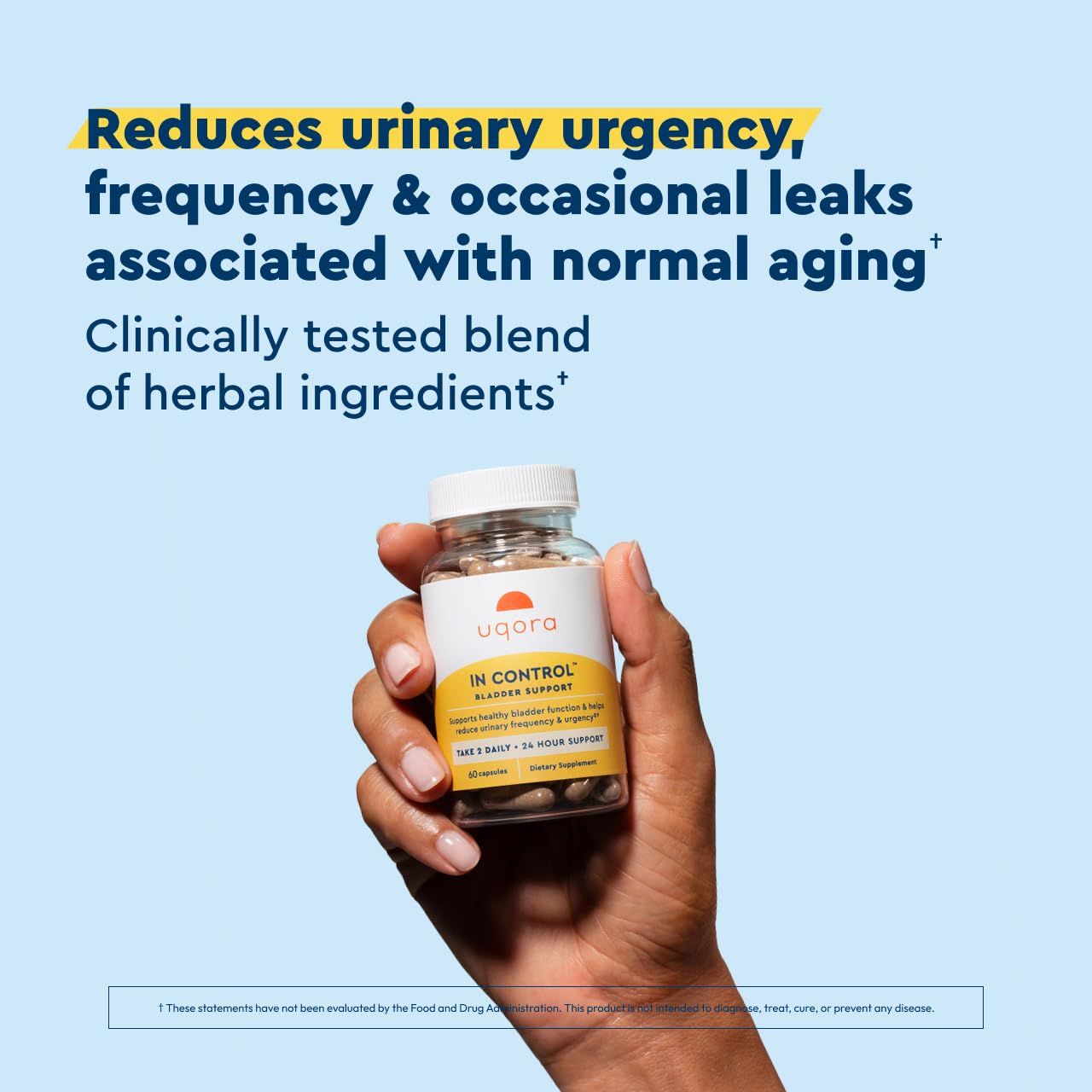 Close-up of Uqora In Control capsules for daily urinary support.