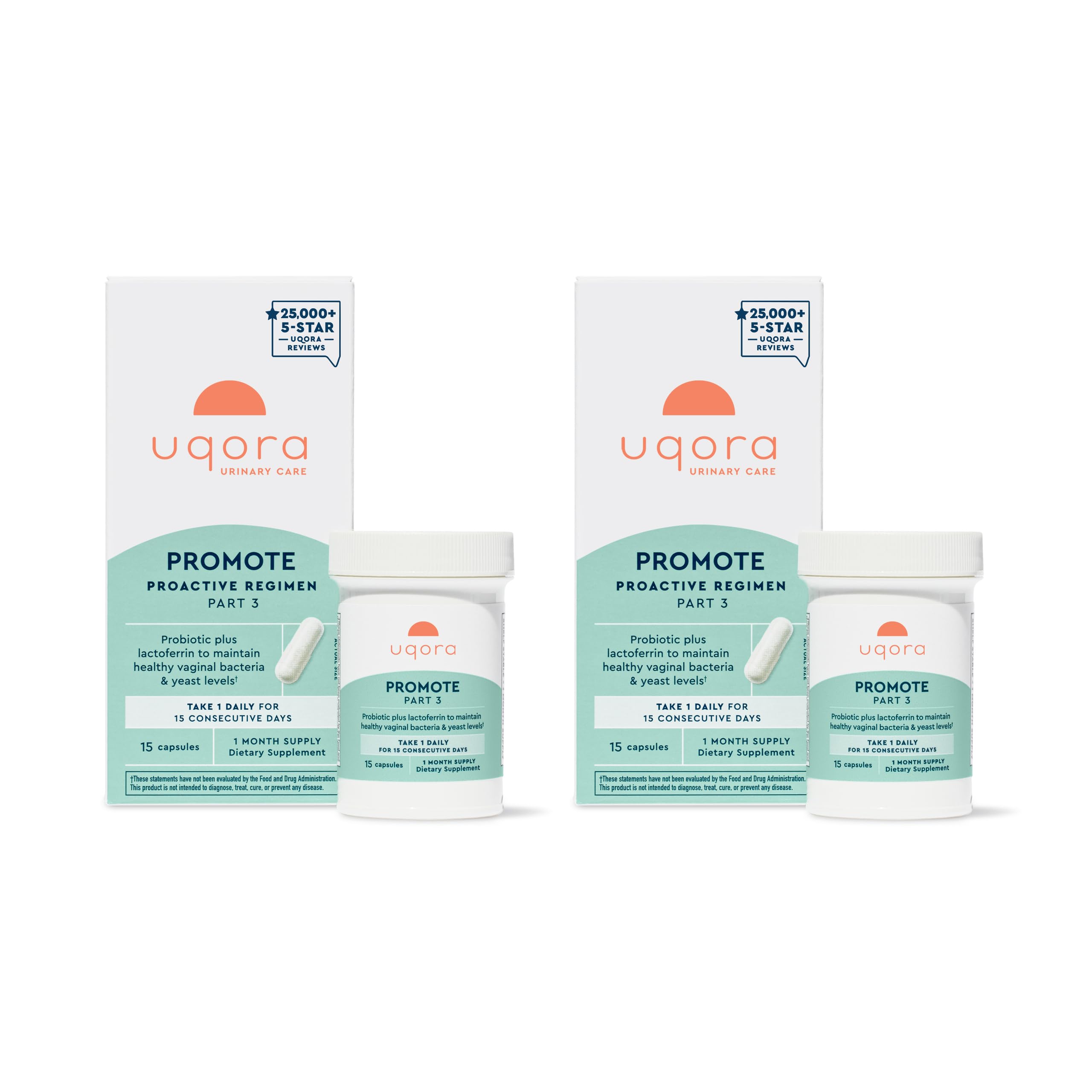 Uqora Promote bottle front showing 30 capsules for monthly vaginal health support.