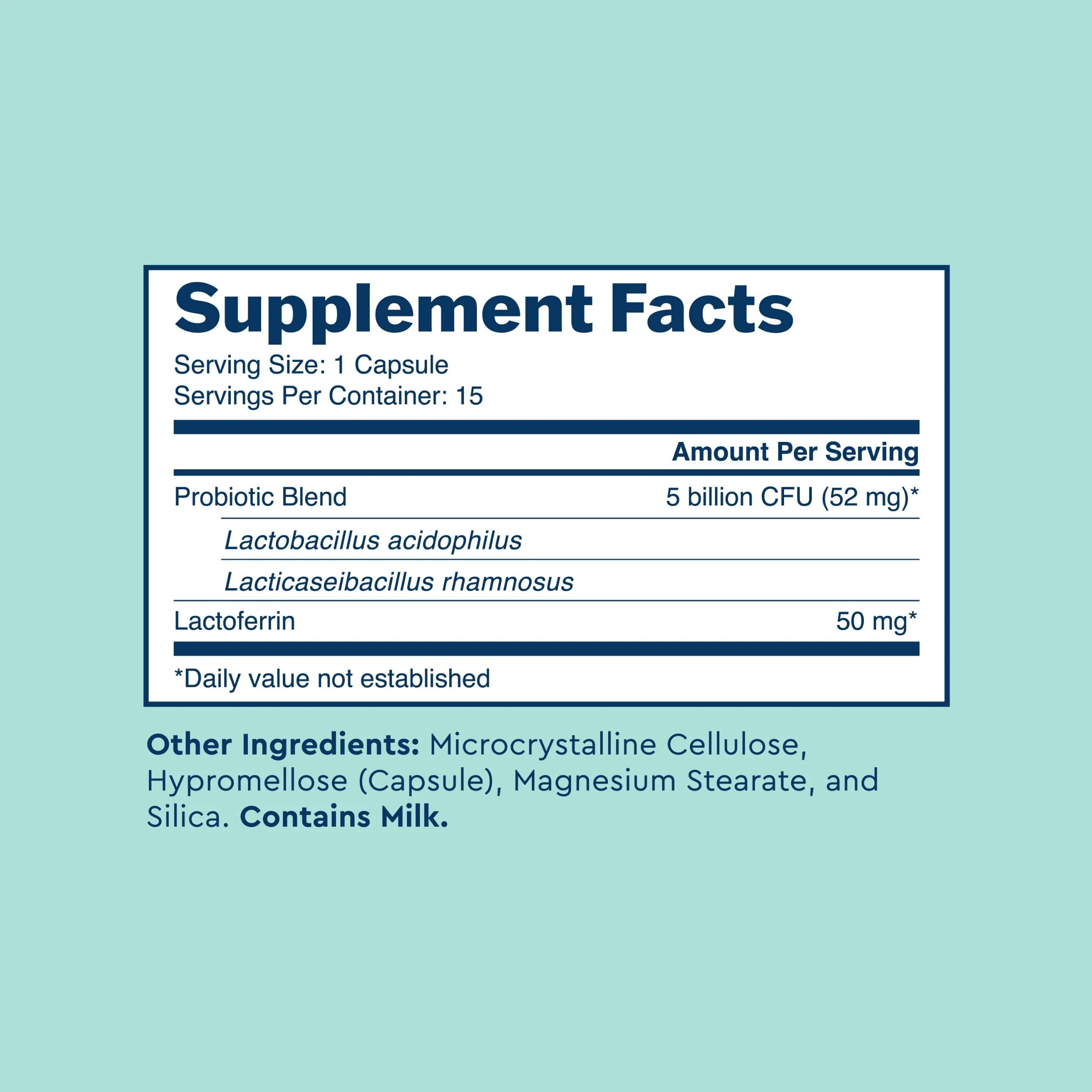 Uqora Promote bottle label closeup highlighting Lactoferrin and probiotic blend.