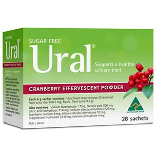 Ural Cranberry Effervescent Powder sachets dissolving in water for daily urinary wellness.