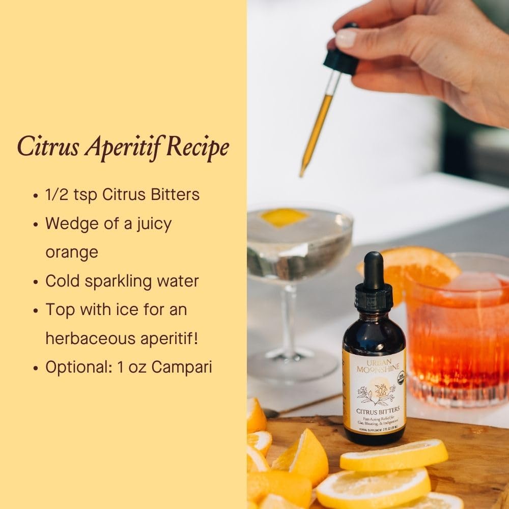 Urban Moonshine Citrus Digestive Bitters apothecary scene conveys traditional herbal craft.