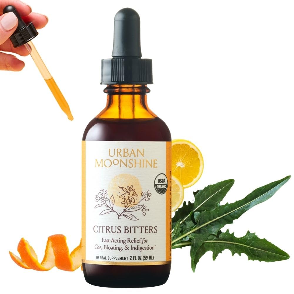 Urban Moonshine Citrus Digestive Bitters bottle offers pre-meal digestive support.