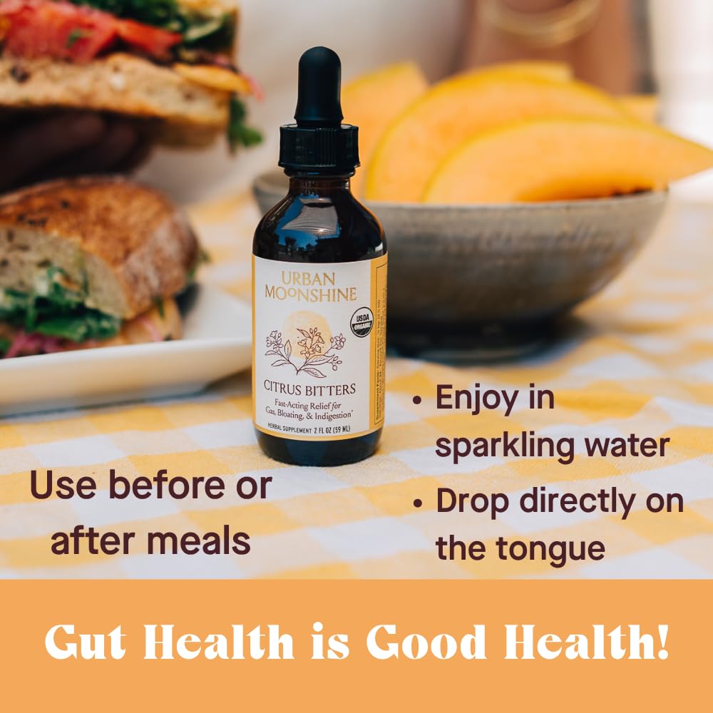 Urban Moonshine Citrus Digestive Bitters dandelion burdock blend supports gut health.