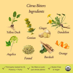 Urban Moonshine Citrus Digestive Bitters label closeup highlights organic ingredients.