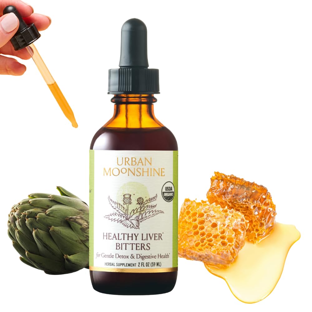 Urban Moonshine Healthy Liver Bitters bottle pour demonstrates an easy daily detox ritual