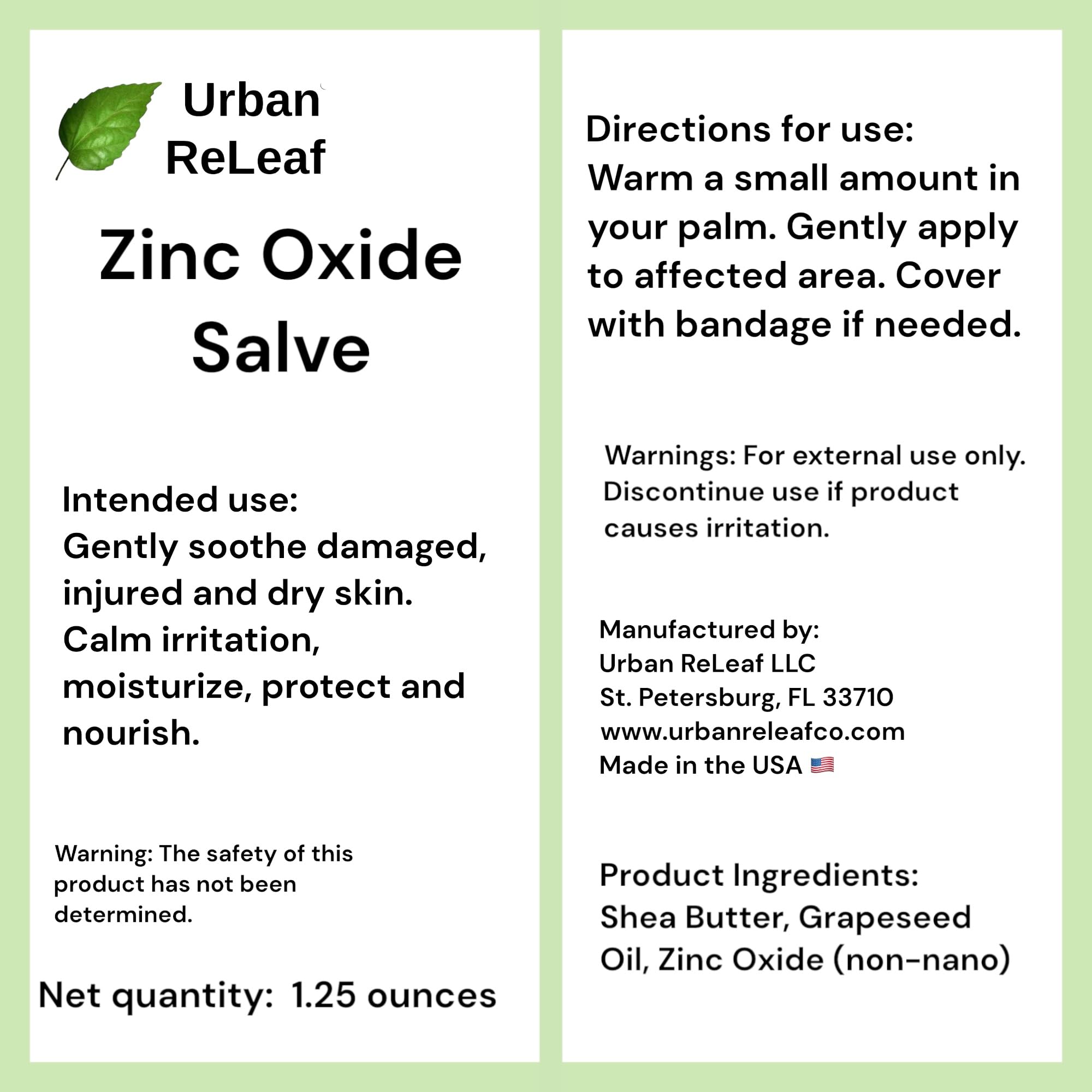 Label close-up of Urban ReLeaf Zinc Oxide Salve