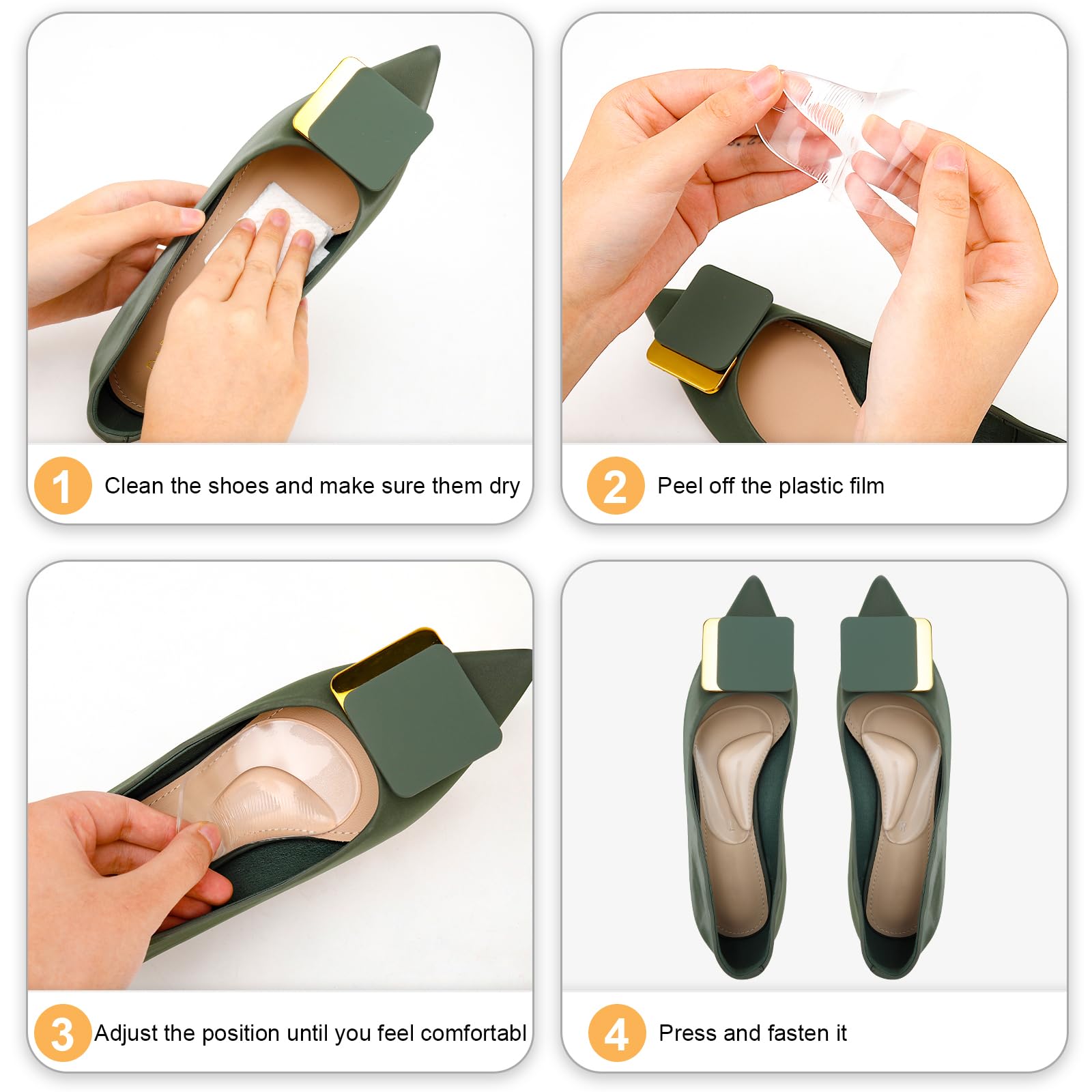 UrChoice gel cushions may relieve pressure from heel areas during wear.