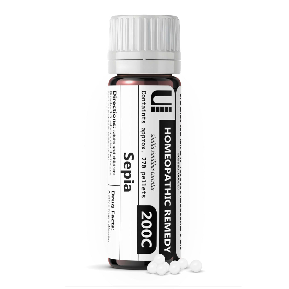Urenus Sepia 200C remedy bottle with lactose-free pellets.