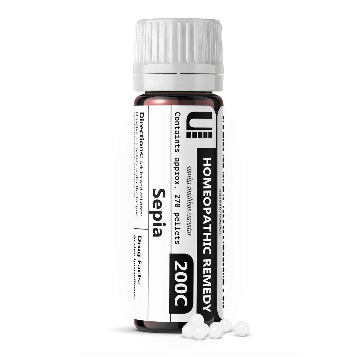 Urenus Sepia 200C remedy bottle with lactose-free pellets.