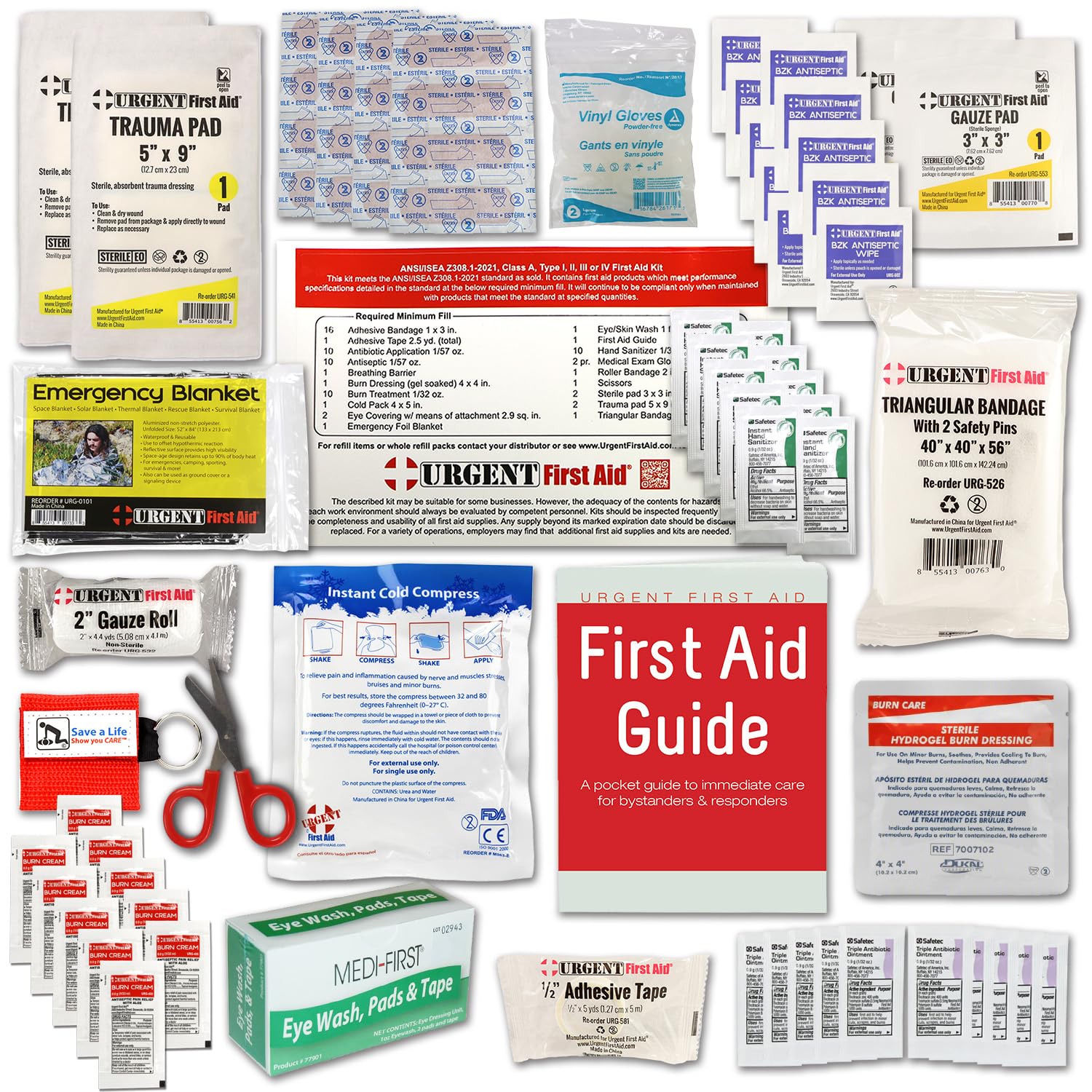 Urgent First Aid eye care, burn and CPR items ready for quick response