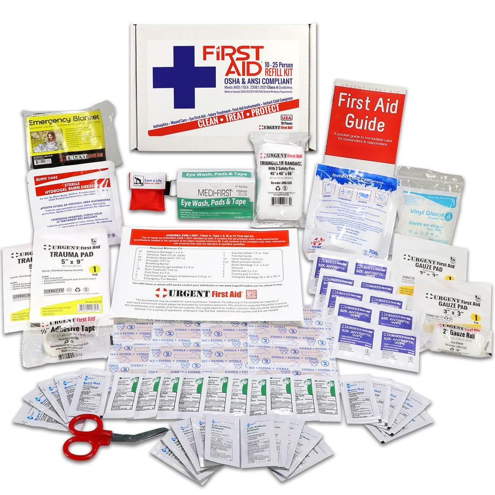 Urgent First Aid kit front view showing a complete 78-piece set for 25-person teams