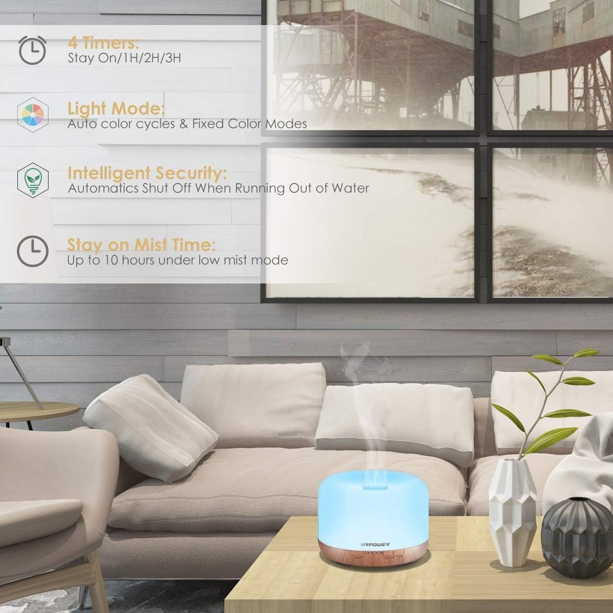 URPOWER diffuser shows timer settings for flexible daily use