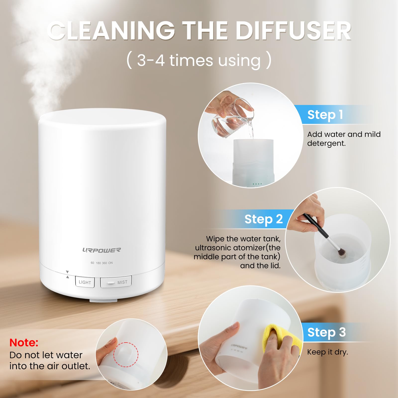 URPOWER 300ml diffuser in a bedroom with warm night light.