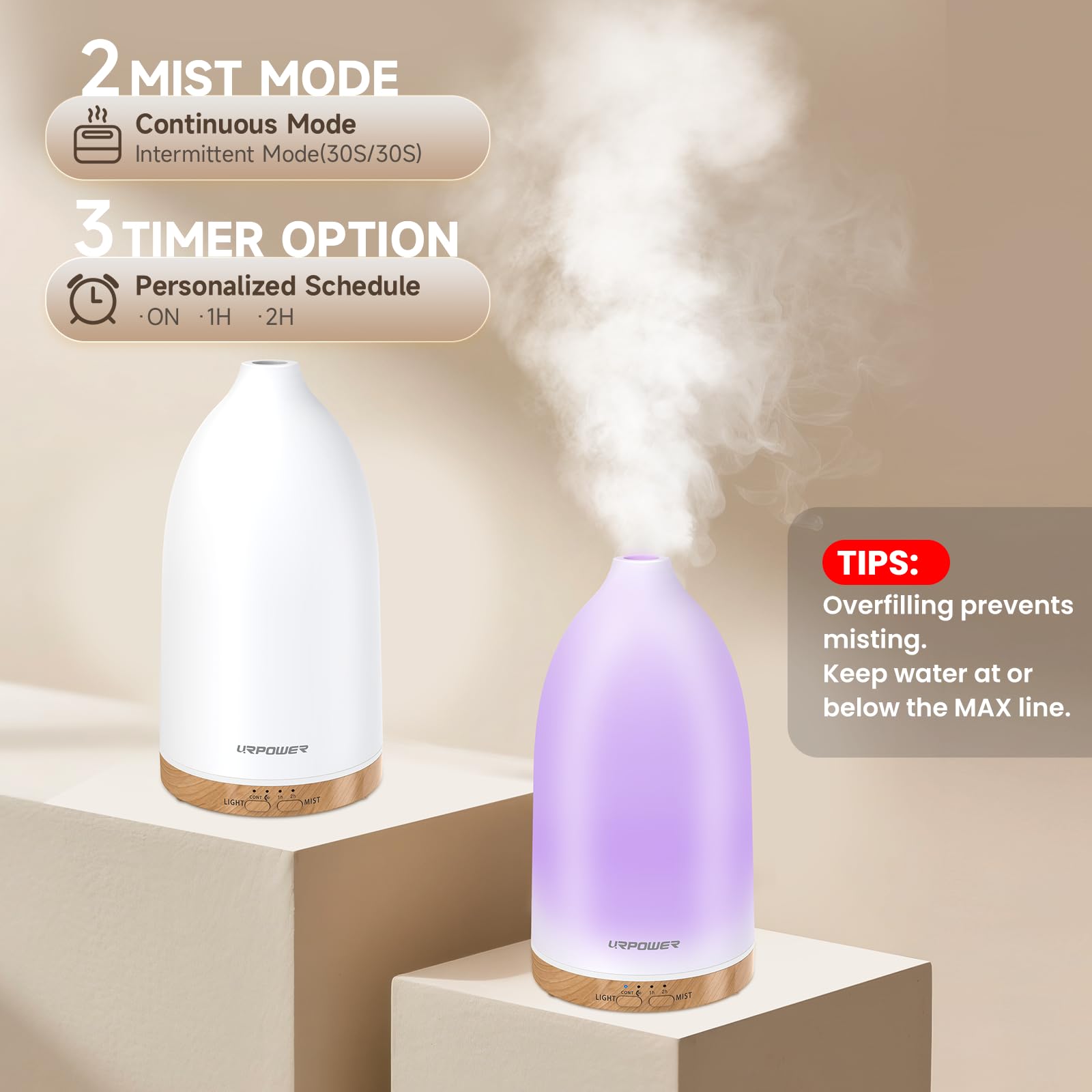 URPOWER diffuser with 7-color LED lights offers customizable mood lighting.