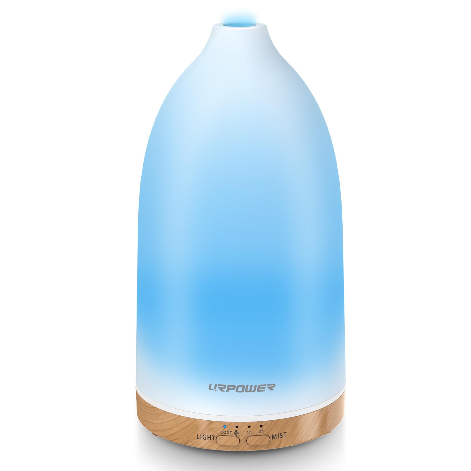 URPOWER diffuser with glass-like design and wood base for a stylish, calming ambience.
