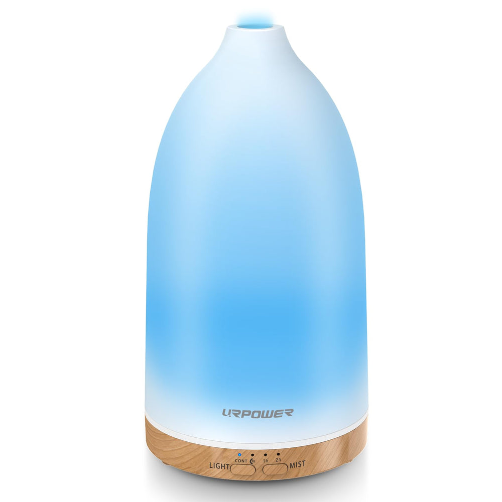 URPOWER diffuser with glass-like design and wood base for a stylish, calming ambience.