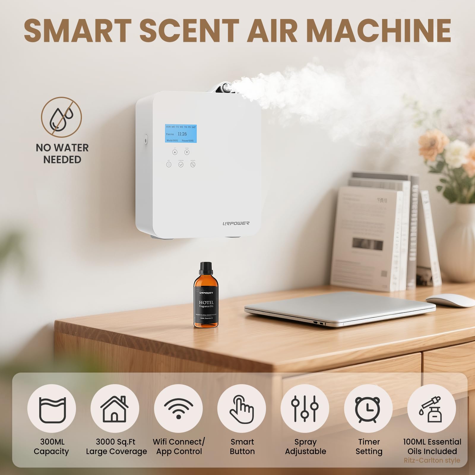 URPOWER 300ml bottle shown with precise cold-air diffusion across a room