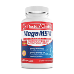 U.S. Doctors’ Clinical Mega MSM bottle pours to reveal convenient joint support capsules.