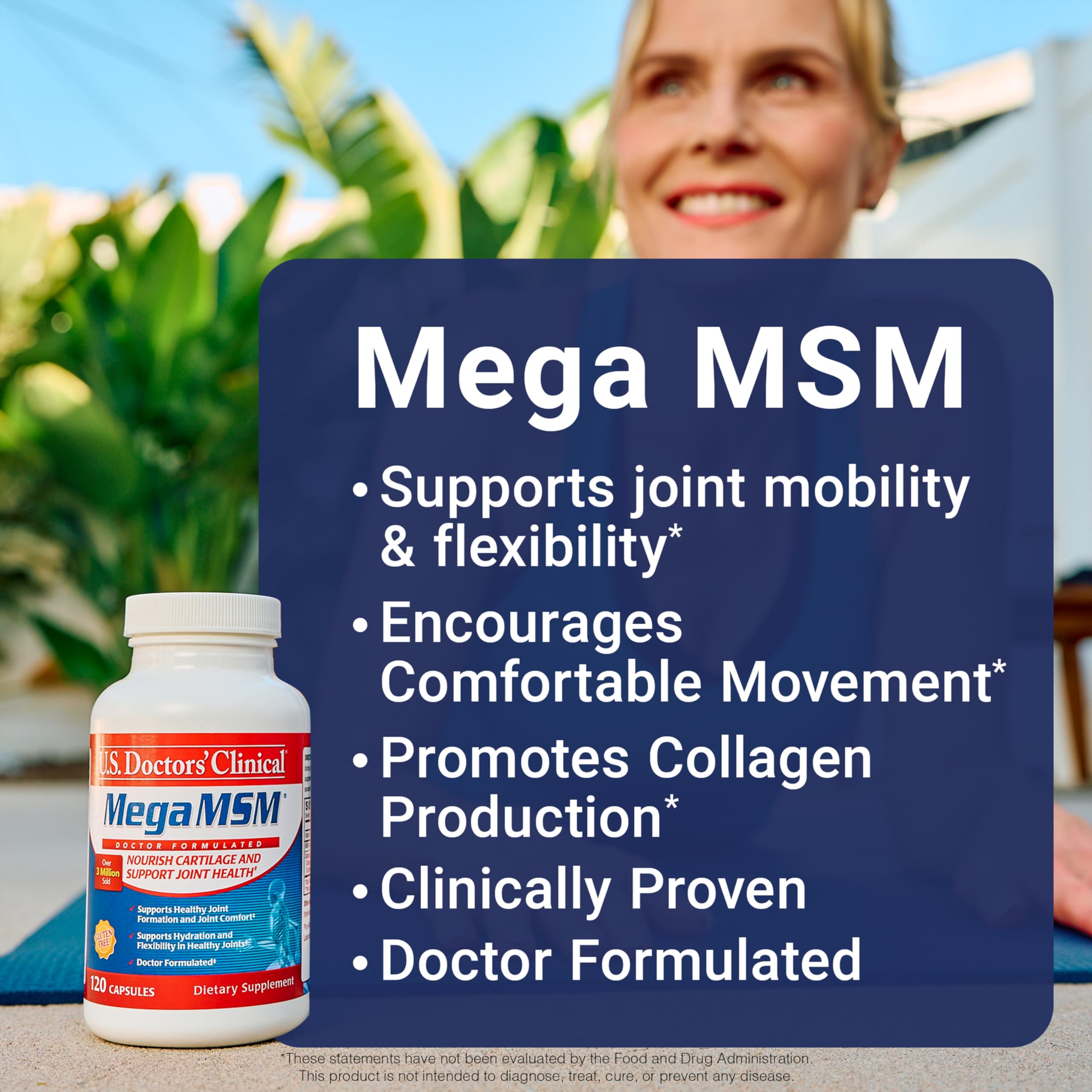 U.S. Doctors’ Clinical Mega MSM capsules closeup highlighting premium formula for comfortable movement.