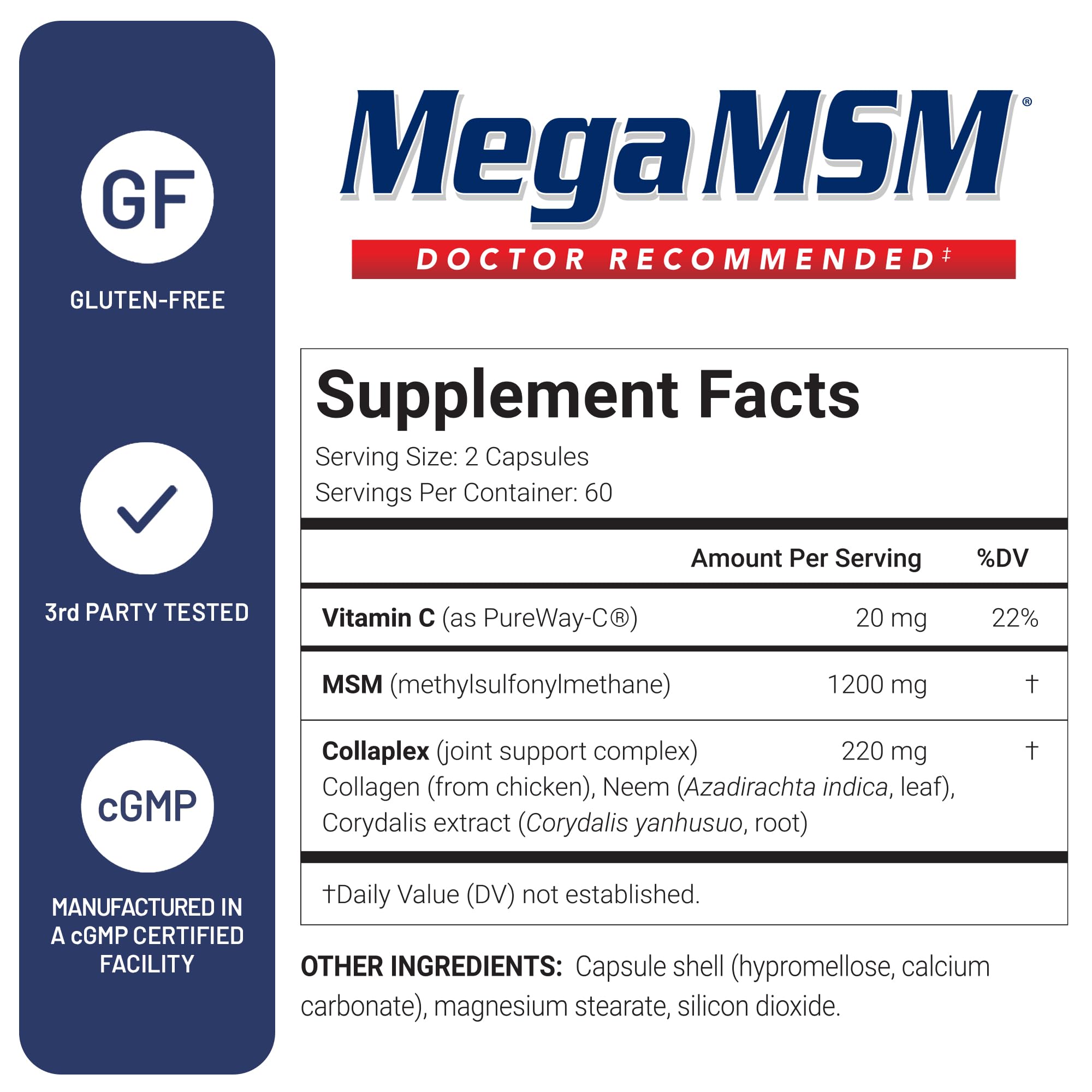 Neem and Corydalis blend visible in the US Doctors’ Clinical Mega MSM for tissue support.