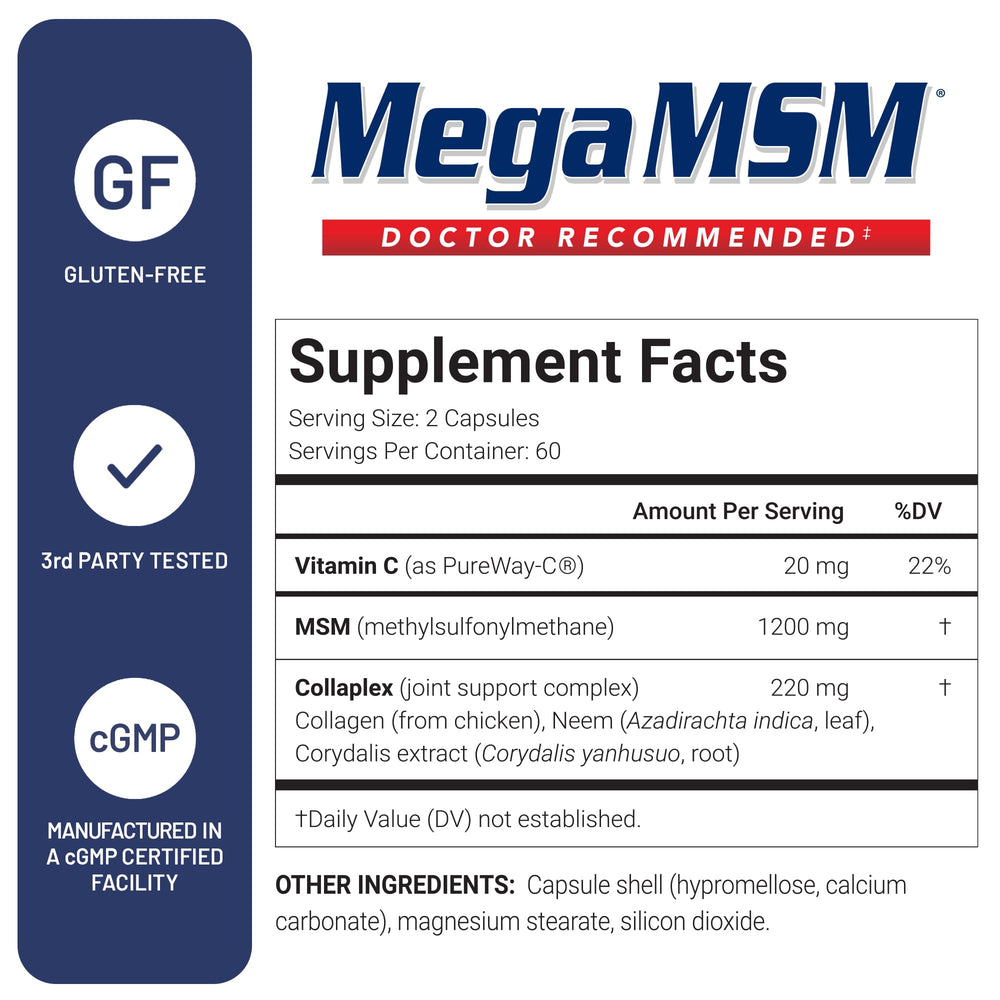 Neem and Corydalis blend visible in the US Doctors’ Clinical Mega MSM for tissue support.