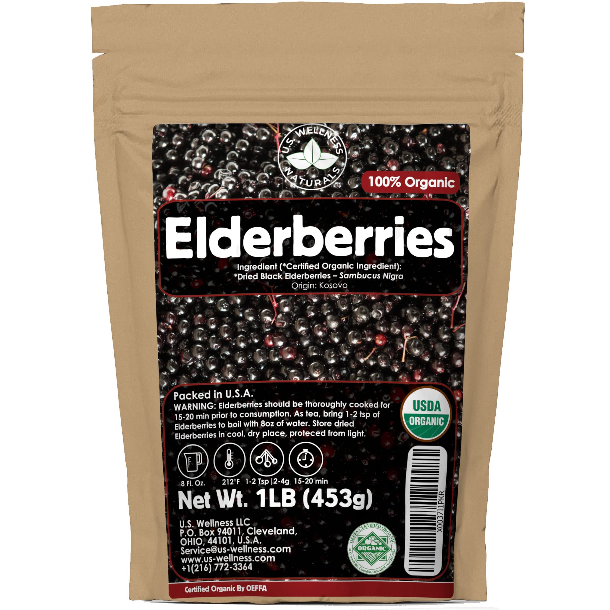 US Wellness Naturals elderberries 1lb bulk bag for DIY syrups and jams.