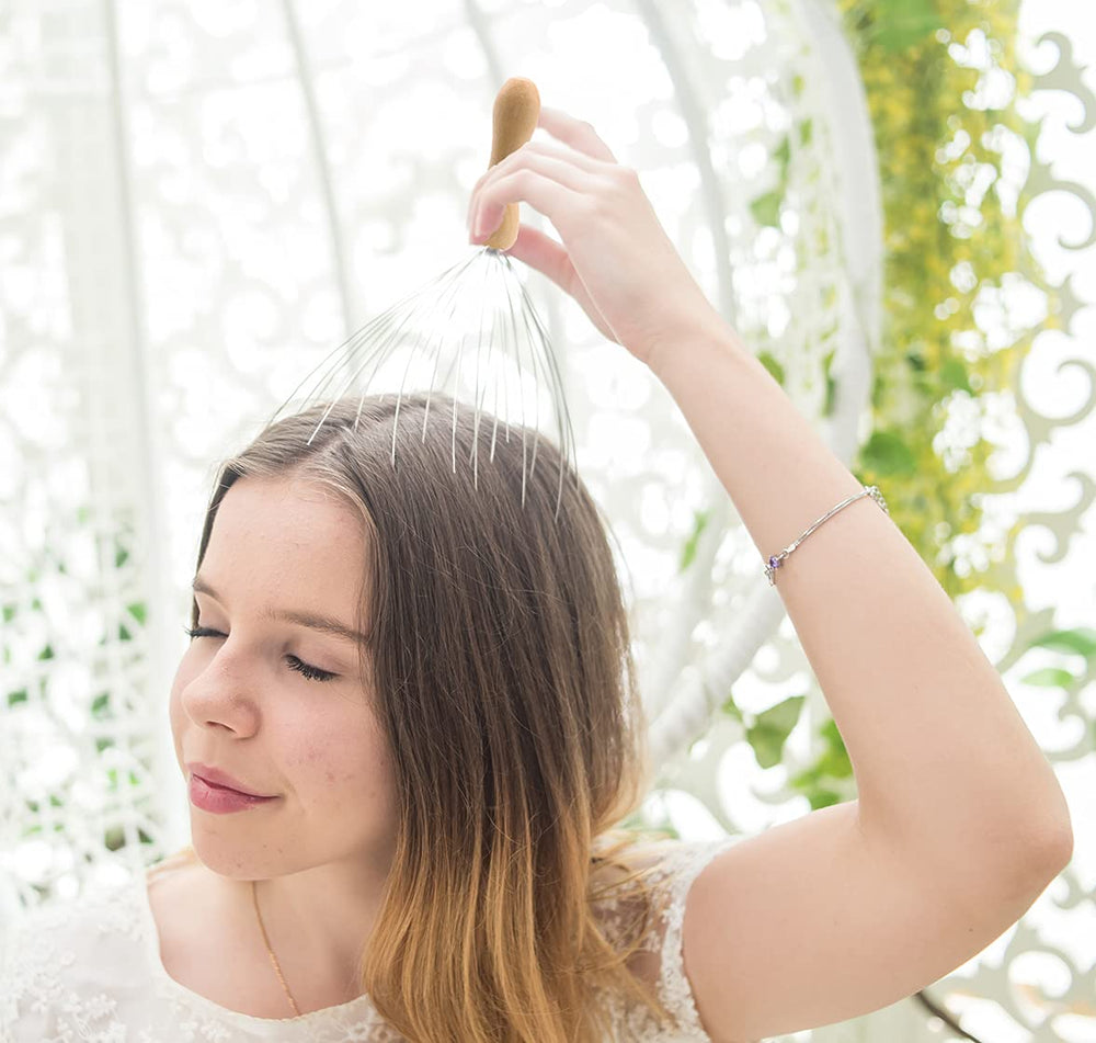 USAGA masajeador de cabeza ergonómico, mango de madera, cómodo de usar.