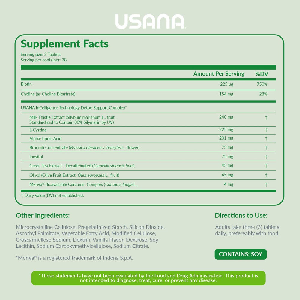 USANA Hepasil DTX bottle back label with dosing guidance for consistent use.