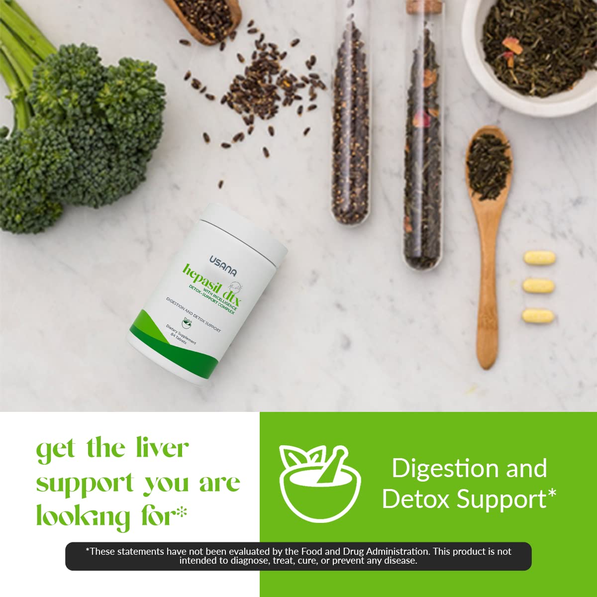 USANA Hepasil DTX ingredient blend highlights green tea and milk thistle.