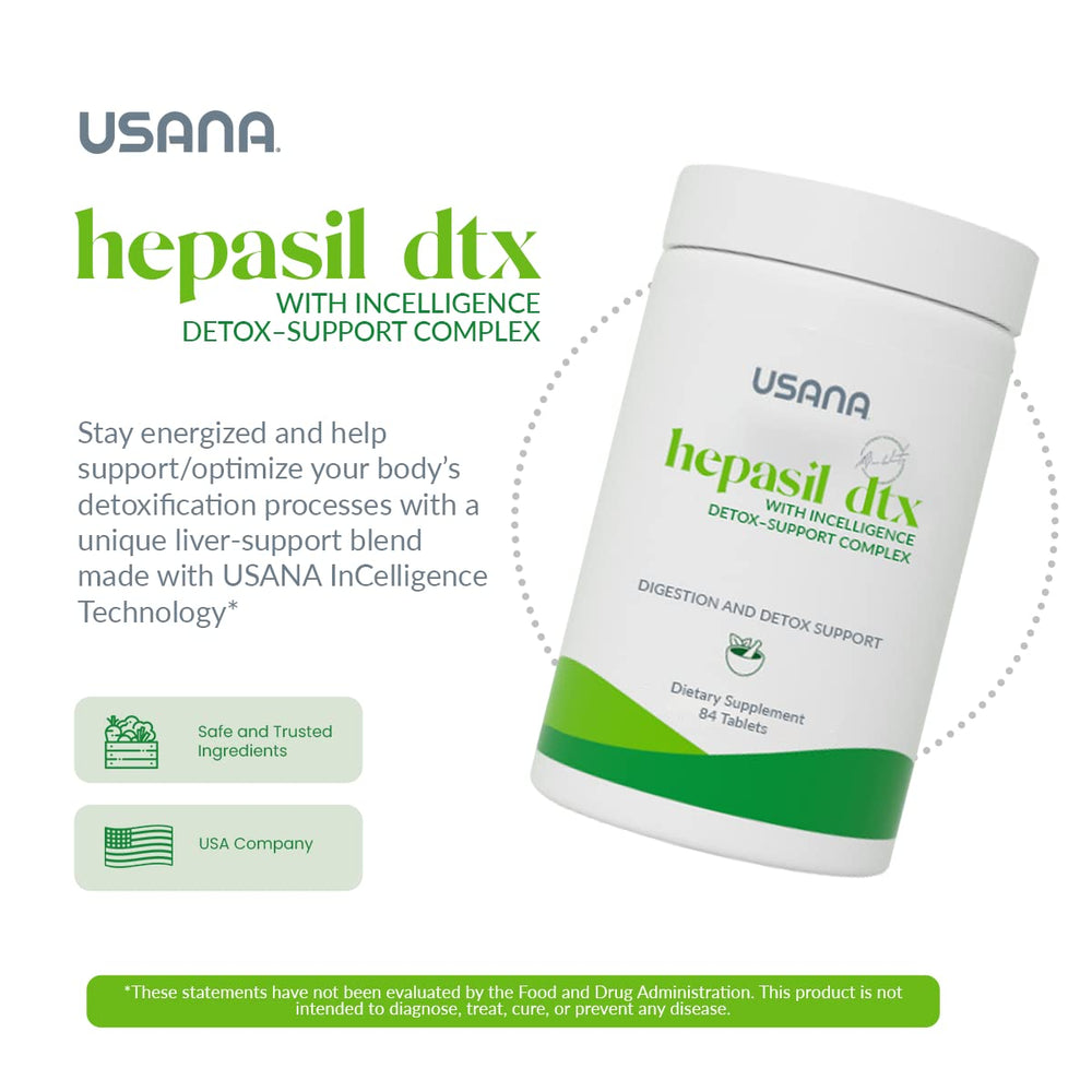 Close-up of USANA Hepasil DTX tablets showing compact bi-layer design.